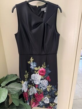 Donna Ricco Black Floral Midi Dress Sleeveless Slimming Pencil Skirt Size 8